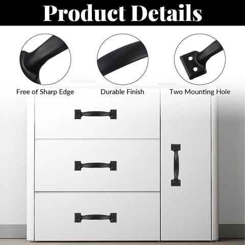 Two 5.5 Inch Black Door Pulls With Mounting Screws On White Cabinet Display, Free of Sharp Edge, Durable Finish, Two Mounting Holes