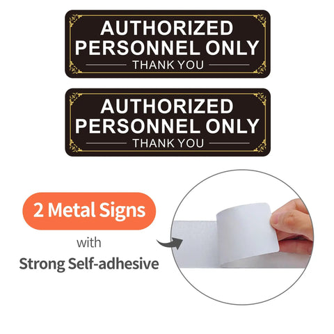Two Pack Authorized Personnel Only Sign Self Adhesive Aluminum Wall Door Sign 9 X 3 Inches Black White rustproof, 2 metal signs shown