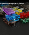 Close-up of color-coded blade fuses from Fuses Assortment Kit for Cars and More 240 Piece Blade Type Automotive Fuses Set Standard and Mini Size Replacement for Car RV Truck Boat with Quick Puller and Easy Identification showing numbers.