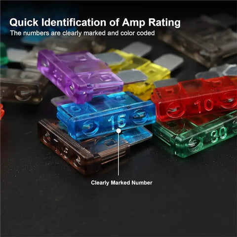 Close-up of color-coded blade fuses from Fuses Assortment Kit for Cars and More 240 Piece Blade Type Automotive Fuses Set Standard and Mini Size Replacement for Car RV Truck Boat with Quick Puller and Easy Identification showing numbers.