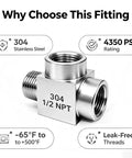 Heavy Duty 1/2 Inch Npt Tee Pipe Fitting Built Tough Using Premium 304 Stainless Steel showcasing 4350 PSI rating and leak-free threads.