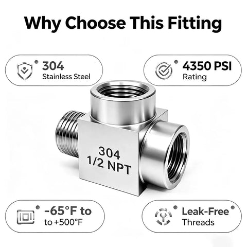 Heavy Duty 1/2 Inch Npt Tee Pipe Fitting Built Tough Using Premium 304 Stainless Steel showcasing 4350 PSI rating and leak-free threads.