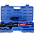 Copper Ring Crimping Tool Kit For F1807 Standards With Interchangeable Jaws For Three Eighths, One Half, Three Quarters, And One Inch Includes Ring Removal Tool PEX Pipe Cutter Go No Go Gauge And Spanner For Tight Spaces in blue case