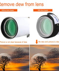 320mm Dew Heater Strip for Telescopes and Camera Lenses shows clear optics with lens warmer, comparing dew removal effect.