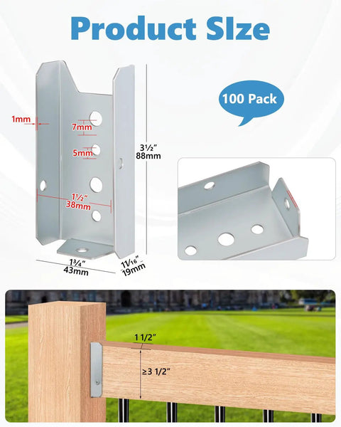 Heavy Duty 2x4 Fence Brackets for Wood Posts 100 Pack Deck Railing Brackets 1mm Thick Steel for 2x4 Posts Screws Not Included Built To Last For Fencing And Deck Railings