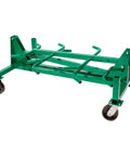 Heavy Duty Mobile Conduit And Pipe Rack Featuring Badass Seven Bin Jobsite Organizer With Hella Smooth Swivel Casters Fully Foldable Stackable Setup For Crews, green steel frame, with swiveled casters.