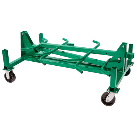 Heavy Duty Mobile Conduit And Pipe Rack Featuring Badass Seven Bin Jobsite Organizer With Hella Smooth Swivel Casters Fully Foldable Stackable Setup For Crews, green steel frame, with swiveled casters.