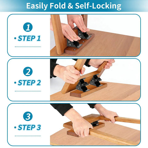 Heavy Duty Folding Brackets 4 Pack With Self Locking Hinges And Stainless Steel Screws For Table Legs Bed Frames And Shop Tables Space Saving Black Hardware Zero Sweat Setup in use demonstrating folding steps.