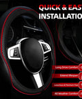 Close-up of black microfiber steering wheel cover with red accents from Upgrade Your Ride With This Six Piece Car Accessory Kit.