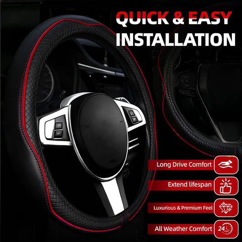 Close-up of black microfiber steering wheel cover with red accents from Upgrade Your Ride With This Six Piece Car Accessory Kit.