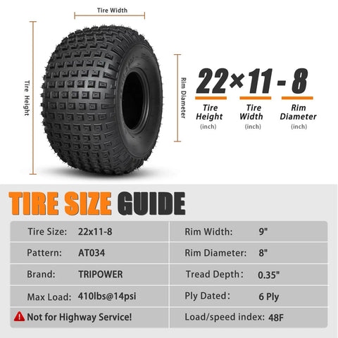 All Terrain Knobby ATV UTV Tires 22x11-8 Tubeless 6 Ply Set of Two for Trail Sand Mud Off Road Use, 410 Lb Load At 14 Psi
