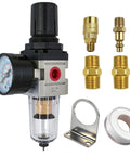 One Quarter Inch NPT Air Filter Regulator Combo Piggyback with 5 Micron Brass Element and Accessories
