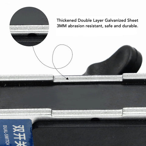 Close-up of welding magnets set, 2 pcs; silver magnetic holders with black on/off switch clamping a metal strip at 90 degrees