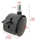 Top Shelf Swivel Caster Wheels Featuring Slick Nylon Twin Tires And Reliable Foot Brakes For Smooth Furniture Glides And Zero Drama Office Chair Upgrades Black Set Of Five side view with dimensions shown.