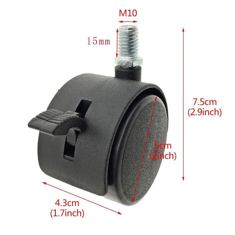 Top Shelf Swivel Caster Wheels Featuring Slick Nylon Twin Tires And Reliable Foot Brakes For Smooth Furniture Glides And Zero Drama Office Chair Upgrades Black Set Of Five side view with dimensions shown.