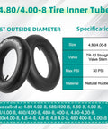 Two Pack 4.80 4.00 8 Inner Tubes With TR13 Straight Valve Stem For Wheelbarrows Hand Trucks Lawn Mowers Carts Trailers Wagons Heavy Duty Replacement Fits 15.5 Inch Tires, showing two black rubber tubes and specifications chart.