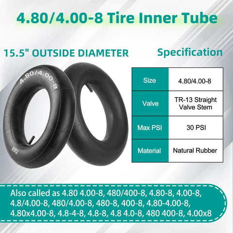 Two Pack 4.80 4.00 8 Inner Tubes With TR13 Straight Valve Stem For Wheelbarrows Hand Trucks Lawn Mowers Carts Trailers Wagons Heavy Duty Replacement Fits 15.5 Inch Tires, showing two black rubber tubes and specifications chart.