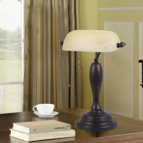 Antique Banker Desk Lamp In Oil Rubbed Bronze With Pull Chain Corded Lighting For Home Office Dorm Or Apartment on wooden desk
