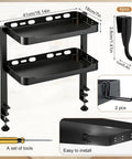 Two-Tier Clamp-On Desk Shelf And Organizer For Under Desk Storage With Hooks And High Load-Bearing Capacity shown with tools