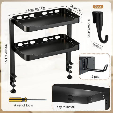 Two-Tier Clamp-On Desk Shelf And Organizer For Under Desk Storage With Hooks And High Load-Bearing Capacity shown with tools