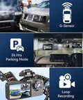 Three Channel 4K Front Dash Cam With Interior And Rear 1080P Cameras showing G-Sensor, parking mode, and loop recording features.