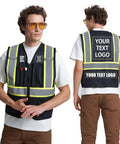 Custom Printed High Visibility Safety Vest With Wide Reflective Tape And Matte Black Build Designed For Hard Working Teams Wanting A Dope Fresh Edge On The Job, front and back view showing pockets.