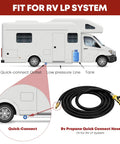 12 Ft RV Quick Connect Propane Hose For RV To Grill With Elbow Adapter shown with motorhome connection