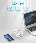 Super Sleek Flat Plug Power Strip With Ten Foot Extension Cord That Tames Cord Chaos And Fits Snug Behind Furniture Featuring Eight Wide Spaced Outlets And Four Fast Charge Ports Including Usb C For Stress Free Dorm Home Travel In White on a desk with devices charging.