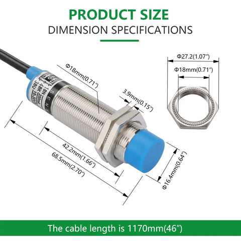 Product size diagram for Inductive Proximity Sensor M18 8mm Sensing for CNC 3D Printer and DIY Projects Plug and Play NPN Normally Open 3 Wire DC 10 30V IP65 Non Shielded Metal Detector Switch