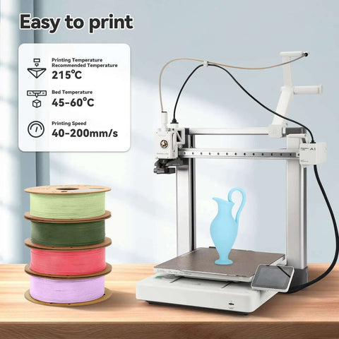 3D printer with a light blue vase and Matte PLA Filament 1.75mm Light Blue 1kg Spool Fits Most FDM 3D Printers in background.