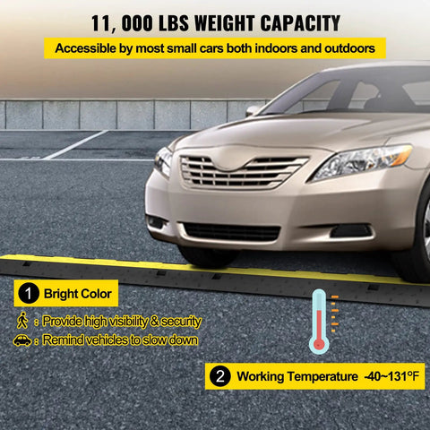 Car driving over Two Channel Cable Protector Ramp Set Four Pack Modular Rubber Speed Bump Mats For Driveways Protect Wires And Cables