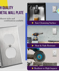Duplex Receptacle Metal Wall Plate In 430 Stainless Steel, Corrosion Resistant, 1 Gang 4.50 By 2.76 Inch, UL Listed shown.