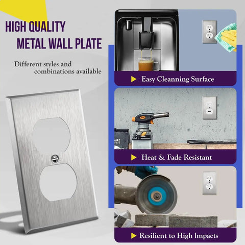 Duplex Receptacle Metal Wall Plate In 430 Stainless Steel, Corrosion Resistant, 1 Gang 4.50 By 2.76 Inch, UL Listed shown.