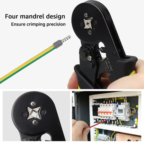 Ferrule Crimping Tool Kit With Self Adjustable Ratchet Pliers for AWG 23 to 7, illustrating tool detail and application