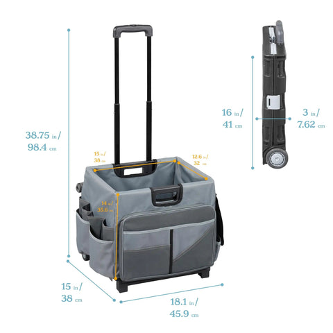 Universal Rolling Cart With Canvas Organizer Bag For Classrooms And Offices On Wheels Mobile Storage image with dimensions.