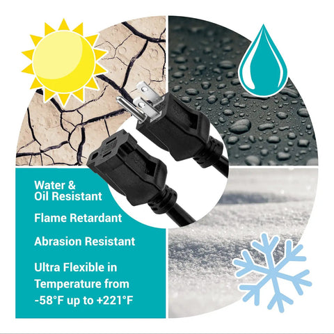 Beefy 100 Foot 14 Gauge 3 SJTW Outdoor Extension Cord With Grounded Plug And Lighted Connector Blue Weather Resistant For Minus 50 Degree Cold Weather Ideal For Snow Blowers And Power Tools UL Listed showing temperature and resistance features