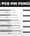 Diagram of 5 pin punches with lengths and sizes, part of the Sixteen Piece Punch And Chisel Set With Storage Pouch.