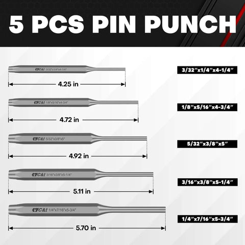 Diagram of 5 pin punches with lengths and sizes, part of the Sixteen Piece Punch And Chisel Set With Storage Pouch.