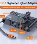 Heavy Duty Cigarette Lighter Splitter With 45W Retractable Type C Car Charger Cable showing multiple charging ports and specs.