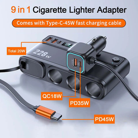 Heavy Duty Cigarette Lighter Splitter With 45W Retractable Type C Car Charger Cable showing multiple charging ports and specs.
