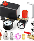 Air Compressor Pressure Switch And Regulator Kit 110V 240V 4 Way Valve with 0 to 200 PSI Regulator and Safety Relief components