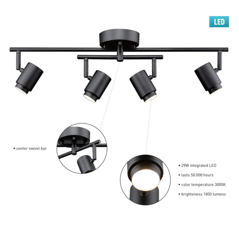 Walton 4-Light Integrated LED Track Lighting System in Matte Black, Center Swivel Bar, 1800 Lumens, 3000K Warm White, 90 CRI