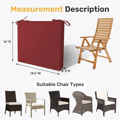 Outdoor Chair Cushions Set Of 4 With Ties All Weather Water Resistant High Density Foam Filling Square Corner Seats For Patio Furniture 18.5 x 16 x 3 Inches Wine Color Cushions For Garden Deck shown next to suitable patio chair types