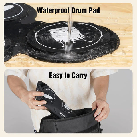 Roll Up 7 Pad Electric Drum Kit With Bluetooth Wireless Connection Portable drum showing waterproof feature and easy carrying