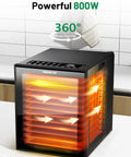 Food Dehydrator For Jerky And More With 12 Stainless Steel Trays showcasing even heating, 360-degree view with 800W power, kitchen setting