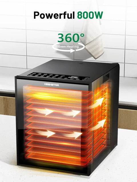 Food Dehydrator For Jerky And More With 12 Stainless Steel Trays showcasing even heating, 360-degree view with 800W power, kitchen setting