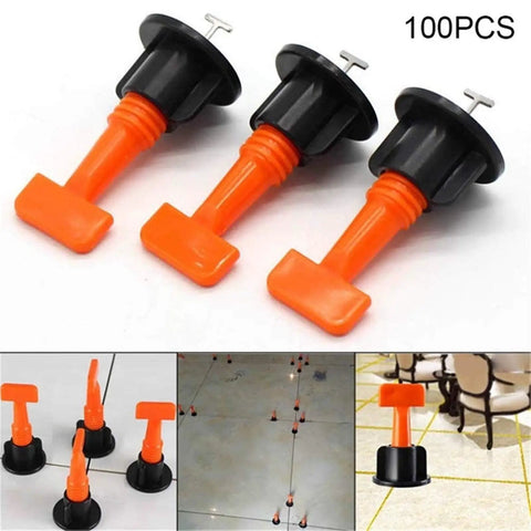 Ultimate Tile Leveling System Kit For Ceramic Floor And Wall Tiles, Reusable Dowels With Wrench, 100 Pcs Flat Pin Fasteners, black and orange plastic