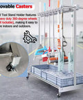 Rolling Mop And Broom Cart With Industrial Steel Build, Freestanding Utility Organizer for home, garage, garden tools
