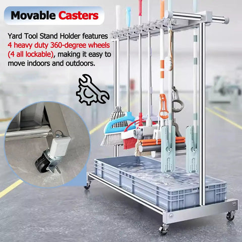 Rolling Mop And Broom Cart With Industrial Steel Build, Freestanding Utility Organizer for home, garage, garden tools