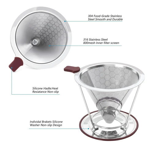 Stainless Steel Pour Over Cone Filter With Removable Stand Honeycombed Mesh For Reusable Paperless Brewing In A 1 To 2 Cup Size